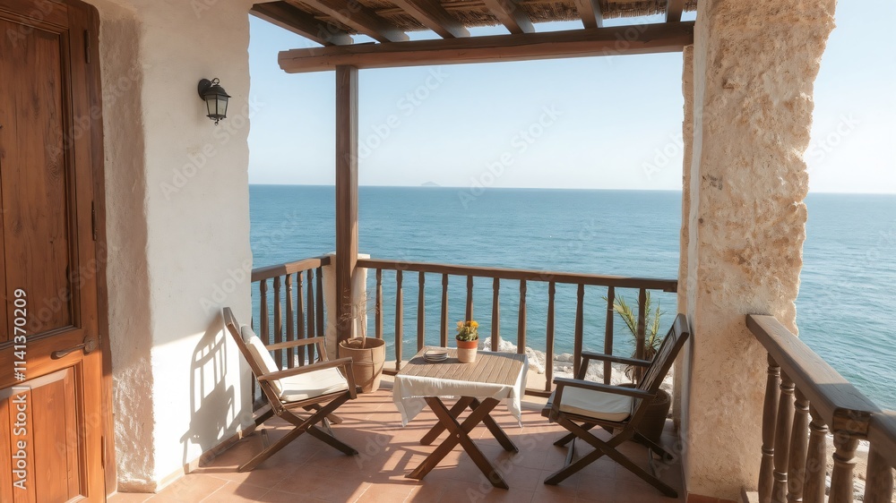 Fototapeta premium Relaxing coastal balcony with stunning ocean views at sunset