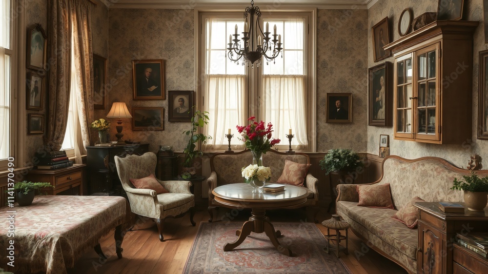 Fototapeta premium Vintage living room with elegant furniture and framed portraits in a classic interior design