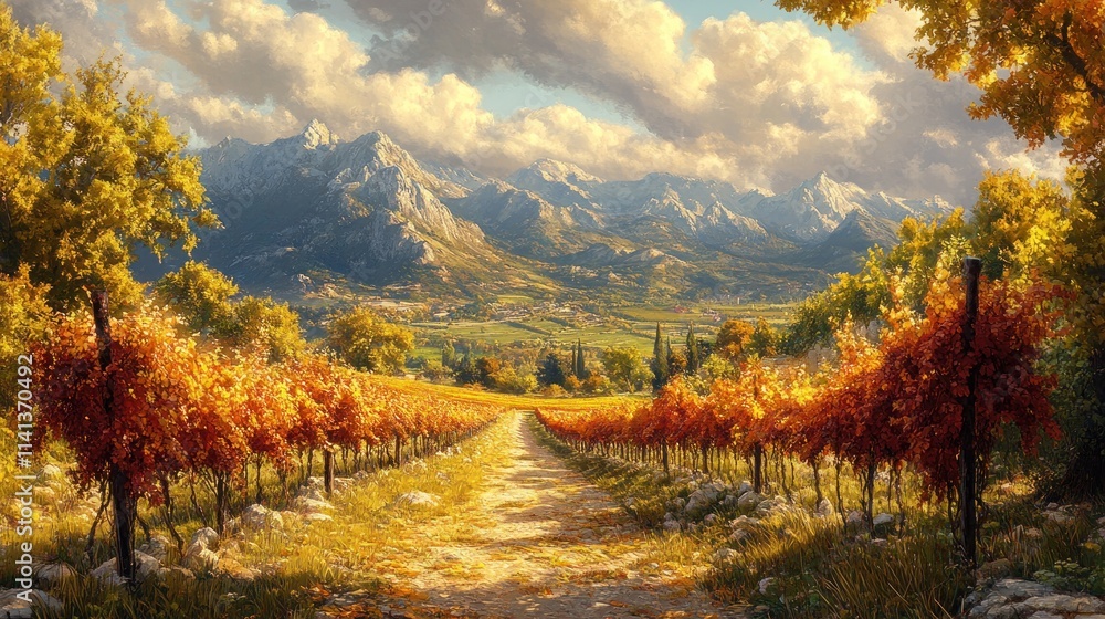 Fototapeta premium Autumnal vineyard path, mountains, idyllic scenery.