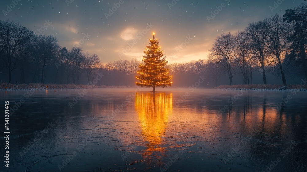 Fototapeta premium A glowing Christmas tree stands in a serene, icy landscape at sunset.