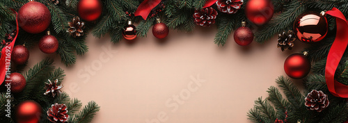 Christmas flat lay background with space in the center and decorations around it with festive atmosphere and small ornaments.