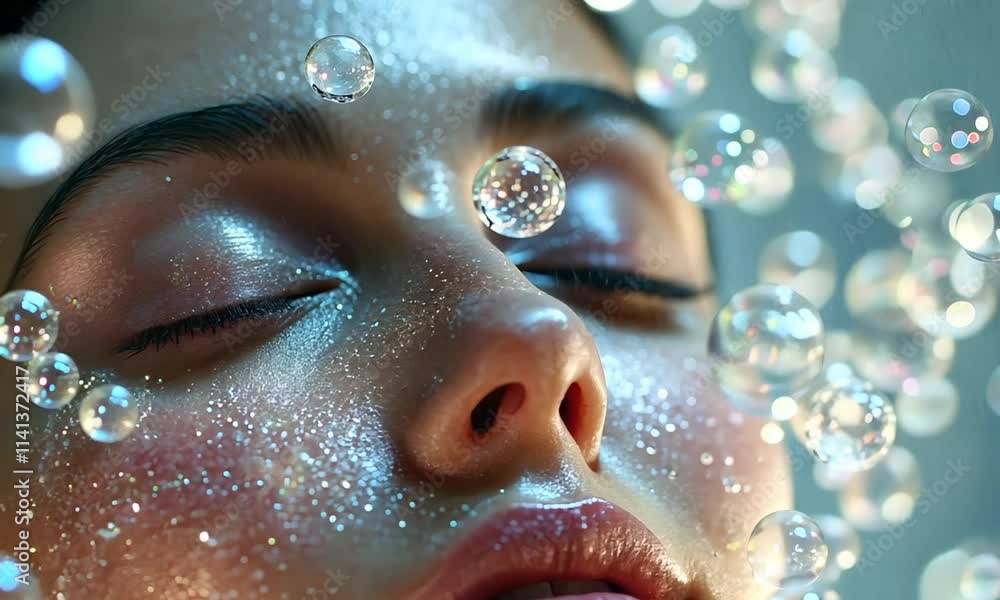 Close-up of a woman's face adorned with glitter and surrounded by iridescent bubbles. Close-up of a woman's face adorned with glitter and surrounded by iridescent bubbles.