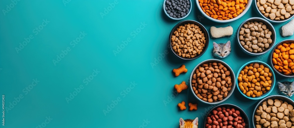 Assorted pet food in bowls on teal background with space for text. Assorted pet food in bowls on teal background with space for text.
