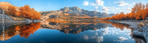 Calm lake reflecting autumnal mountain landscape with colorful trees.