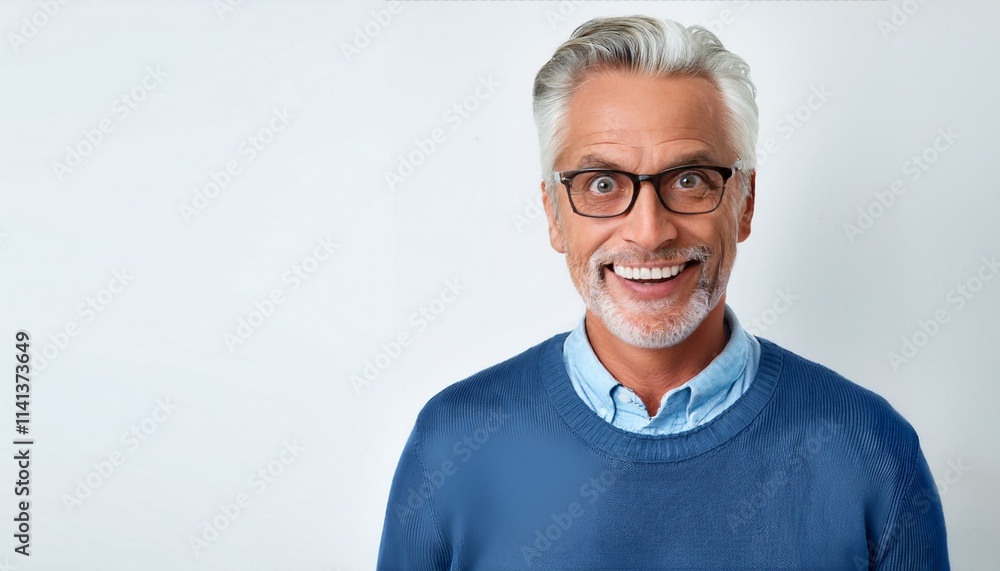 A cheerful retired man with a bright smile, wearing glasses and tshirt, standing against a white background. A cheerful retired man with a bright smile, wearing glasses and tshirt, standing against a white background.