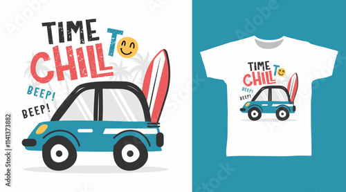 Car with surfboard hand drawn vector t-shirt design