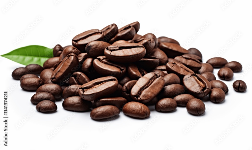 Fresh Roasted Coffee Beans with Green Leaf Isolated on White Background Fresh Roasted Coffee Beans with Green Leaf Isolated on White Background
