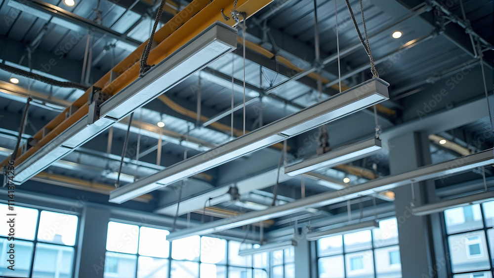 Suspended industrial lighting fixtures illuminate a modern workspace, creating a sleek and functional atmosphere. The design is both stylish and efficient. Suspended industrial lighting fixtures illuminate a modern workspace, creating a sleek and functional atmosphere. The design is both stylish and efficient.