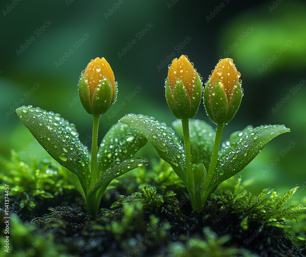 Seedlings with unbloomed blossoms and dew in spring nature
Seedlings with unbloomed blossoms and dew in spring nature