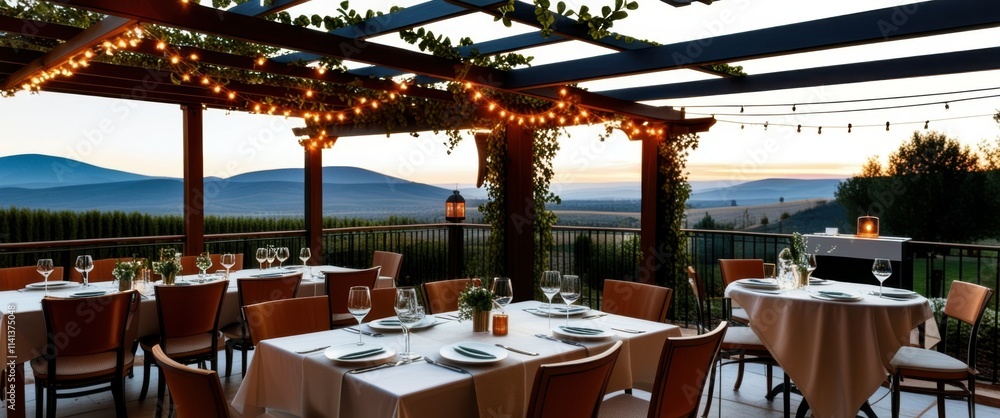Fototapeta premium Photograph of a romantic outdoor dining setting at sunset, with a wooden pergola adorned with string lights and greenery overhead. The table is set with white tablecloths, fine china, crystal glasses,