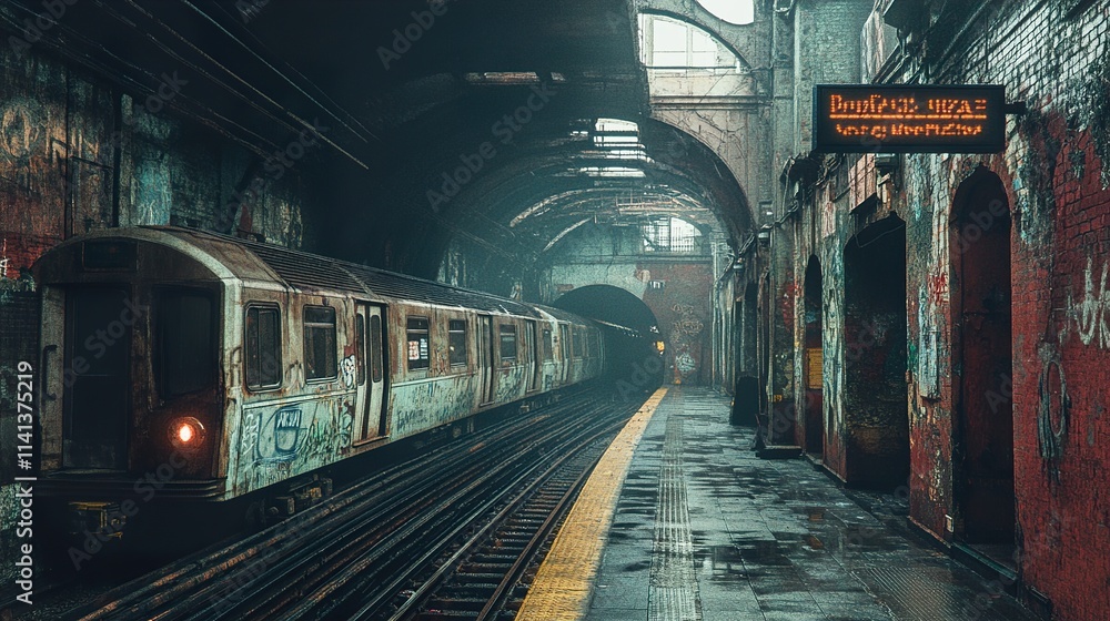 Obraz premium Vintage Subway Train in a Decaying Station