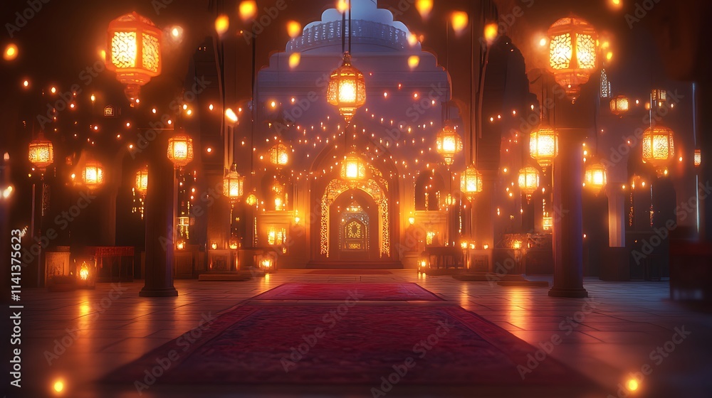 Illuminated Hallway With Hanging Lanterns and Red Carpet Illuminated Hallway With Hanging Lanterns and Red Carpet