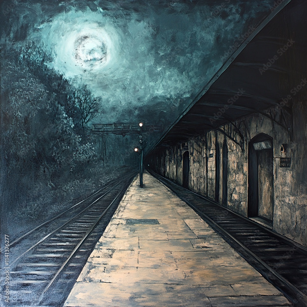 Fototapeta premium Midnight Train Station: A Nocturnal Landscape