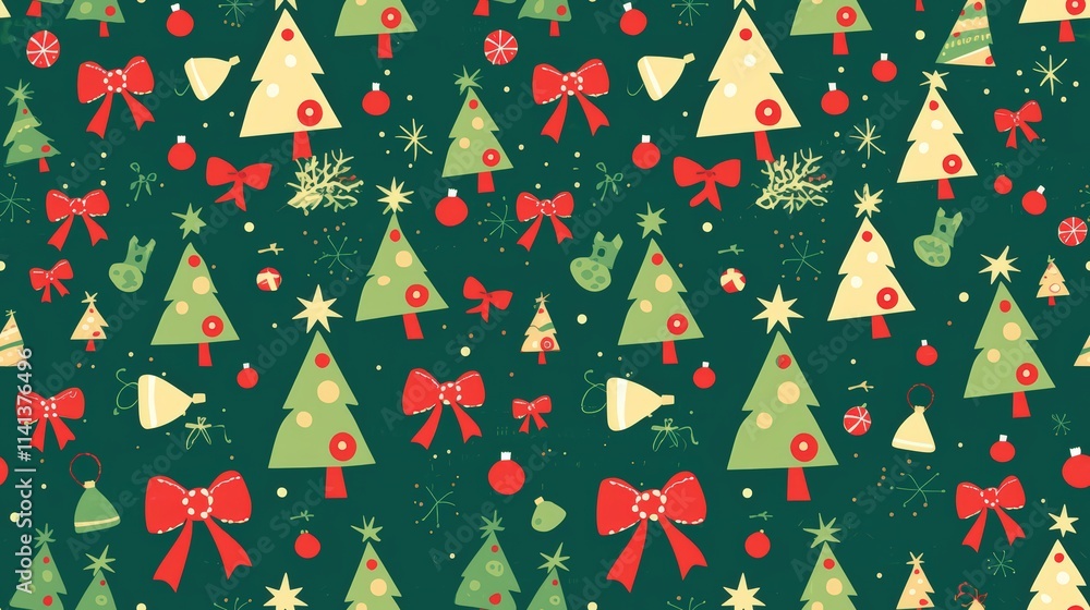 Festive Pattern of Christmas Trees, Ornaments, and Bows on Green Festive Pattern of Christmas Trees, Ornaments, and Bows on Green