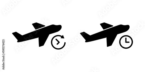Flight schedule time icon. Airplane take off and clock sign symbol