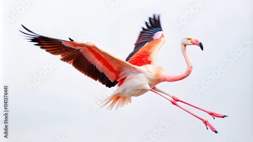 Pink Flamingo In Flight Against A White Background
