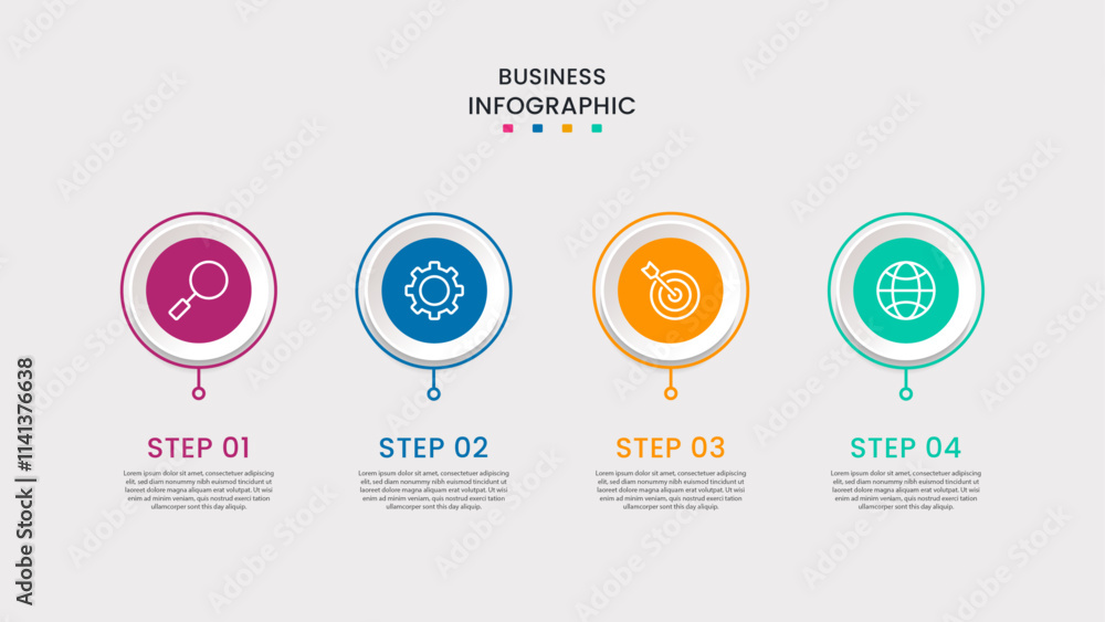 Fototapeta premium Business infographic template. 4-Step timeline journey. Process diagram, 4 options on white background, Info graph elements vector illustration.