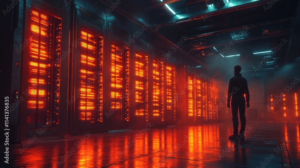 Person observing glowing server room. Person observing glowing server room.