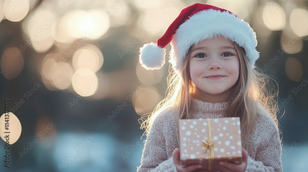 A cheerful girl wearing a red Santa hat holds a gift, surrounded by a festive atmosphere. A cheerful girl wearing a red Santa hat holds a gift, surrounded by a festive atmosphere.