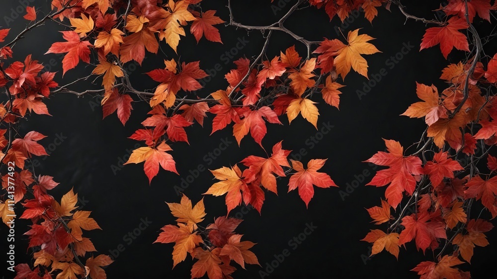Brown and red autumn leaves tangled on a grapevine against a black background, fall foliage, vine foliage Brown and red autumn leaves tangled on a grapevine against a black background, fall foliage, vine foliage