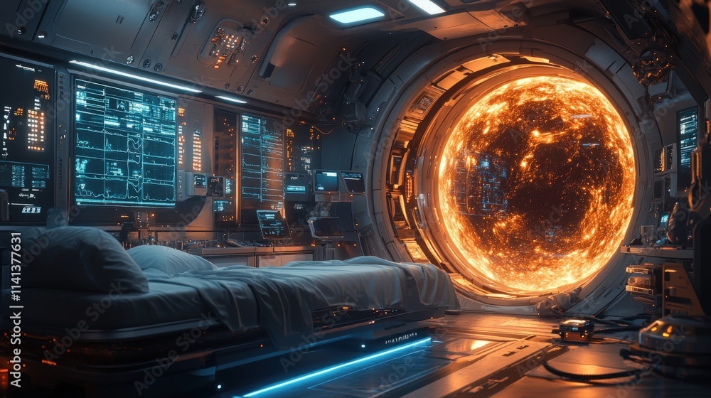 Futuristic bedroom; stellar portal view. Futuristic bedroom; stellar portal view.