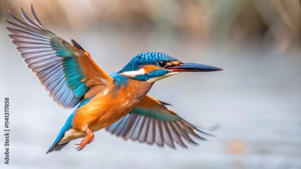 Fototapeta premium A Vibrant Kingfisher in Mid-Flight with Spread Wings