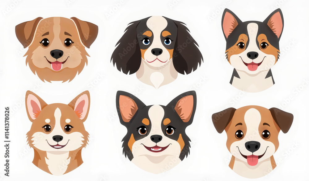 Obraz premium Cute Dog Illustrations Set Featuring Cartoon Puppy Faces with Various Breeds - Perfect for Pet-Themed Projects and Design Collections