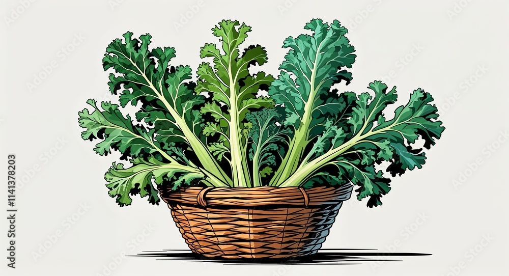Kale Leaves on basket cartoon illustration on plain white background Kale Leaves on basket cartoon illustration on plain white background