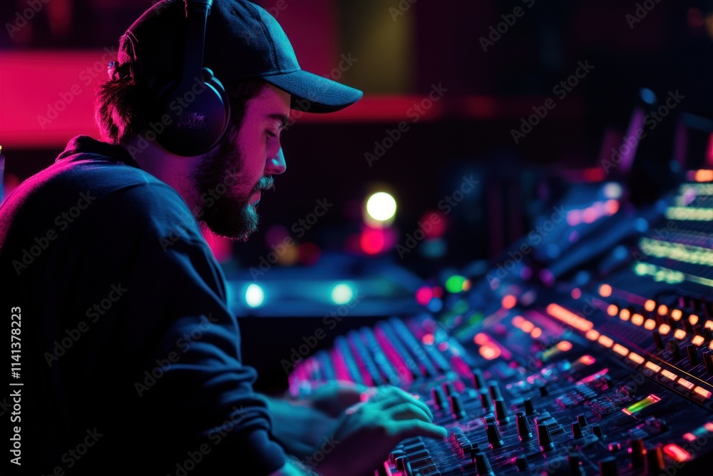 Sound Engineer Working on Mixing Console in a Studio Sound Engineer Working on Mixing Console in a Studio