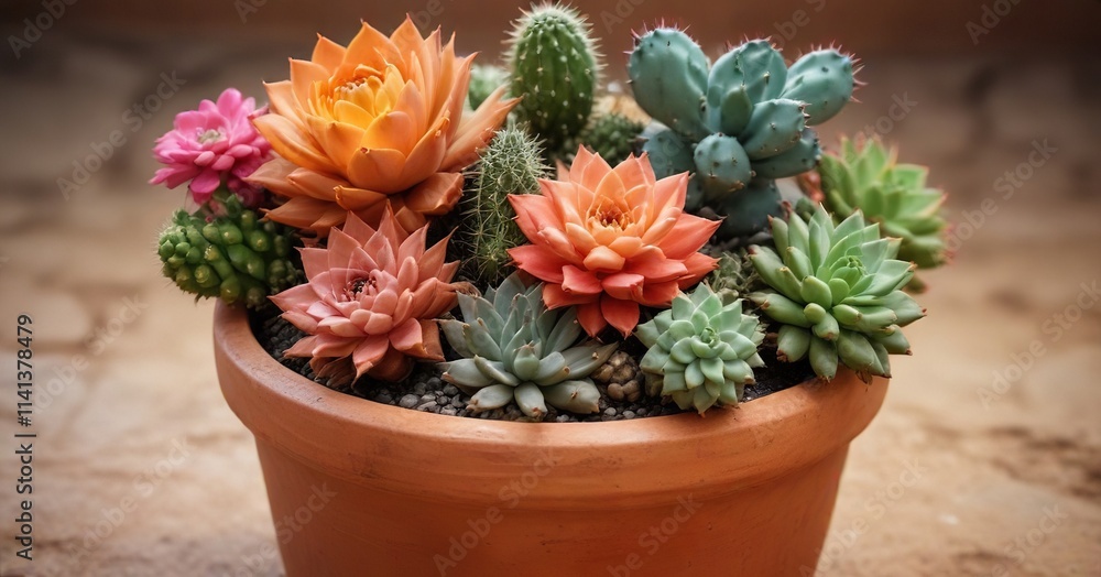 Colorful mix of small cacti and succulents in a terracotta pot, botanical garden, succulents Colorful mix of small cacti and succulents in a terracotta pot, botanical garden, succulents