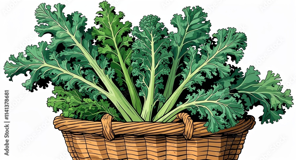 Kale on basket cartoon illustration on plain white background Kale on basket cartoon illustration on plain white background
