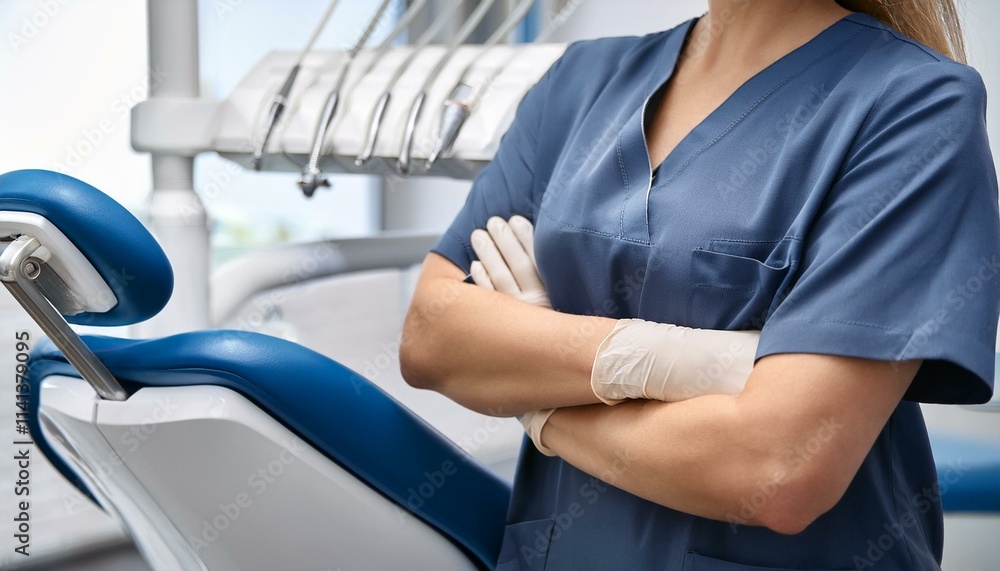 A dental clinic setting with an unrecognizable dentist standing confidently with arms crossed. A dental clinic setting with an unrecognizable dentist standing confidently with arms crossed.