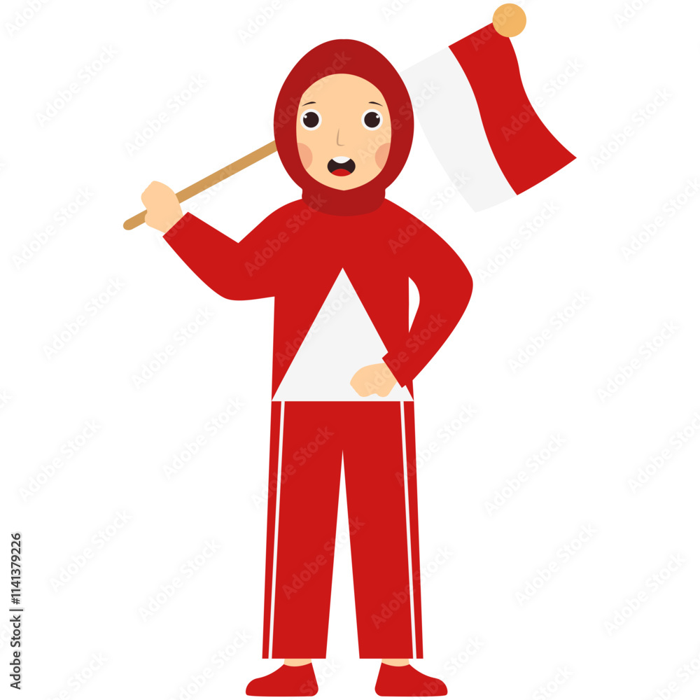 Little Girl Holding Indonesian Flag to Celebrate Indonesian Independence Day. Vector Character Design Little Girl Holding Indonesian Flag to Celebrate Indonesian Independence Day. Vector Character Design