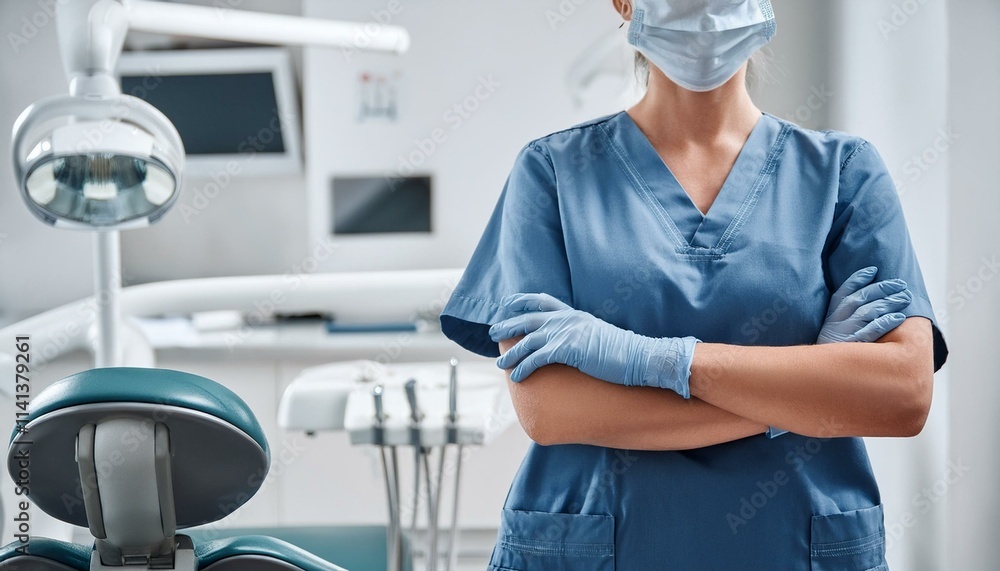 Obraz premium A dental clinic setting with an unrecognizable dentist standing confidently with arms crossed.