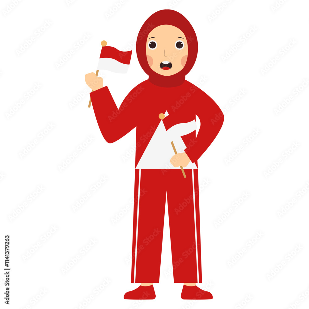 Little Girl Holding Indonesian Flag to Celebrate Indonesian Independence Day. Vector Character Design Little Girl Holding Indonesian Flag to Celebrate Indonesian Independence Day. Vector Character Design