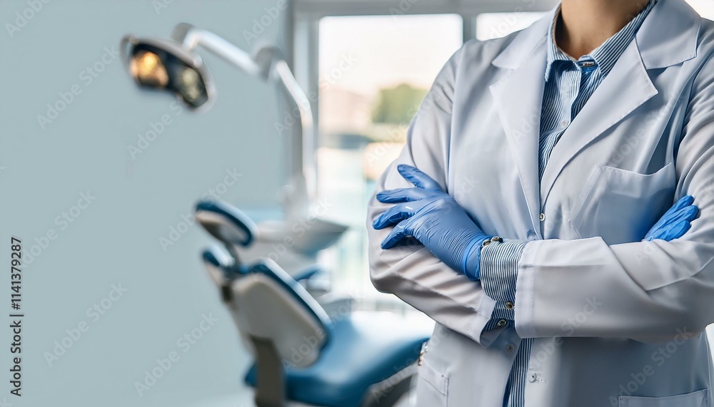 A dental clinic setting with an unrecognizable dentist standing confidently with arms crossed. A dental clinic setting with an unrecognizable dentist standing confidently with arms crossed.
