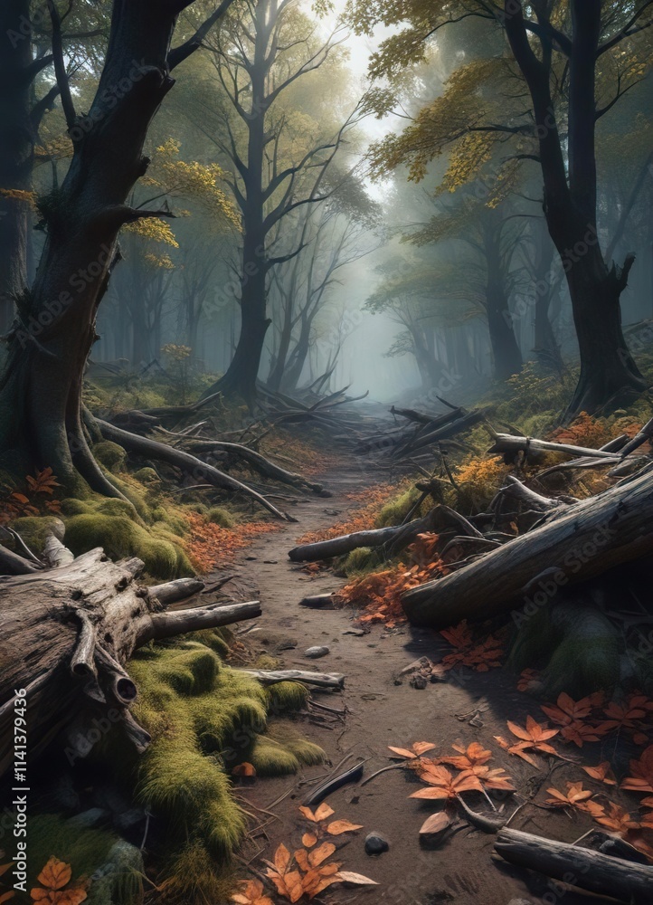 Dark forest floor covered with a thick layer of fallen trees and branches, rural scenery, woody, black coal background Dark forest floor covered with a thick layer of fallen trees and branches, rural scenery, woody, black coal background