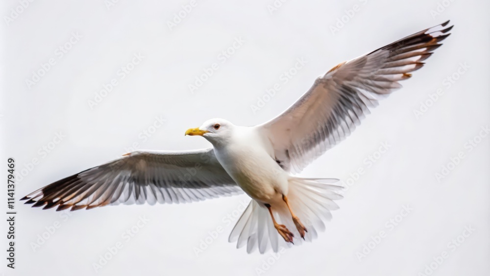 Fototapeta premium A White Seagull in Flight Against a White Background