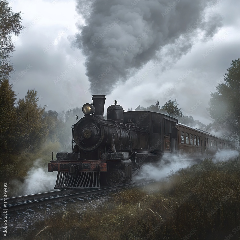 Naklejka premium Vintage Steam Train in Misty Forest: A Journey Through Time