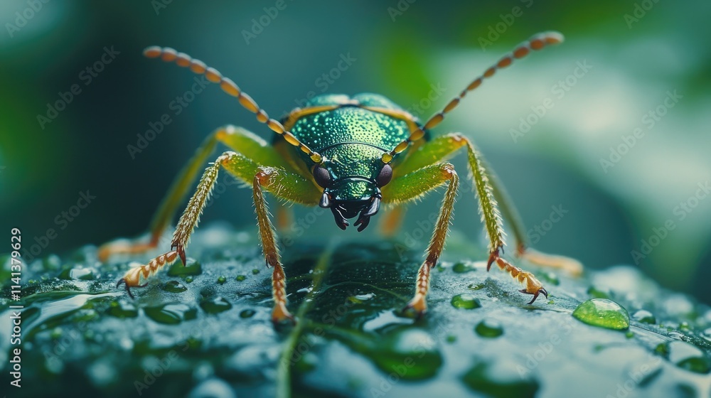 Naklejka premium Close-up of a vibrant green beetle on a dew-covered leaf.