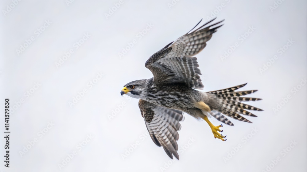 Fototapeta premium A Bird of Prey in Flight with Spread Wings Against a White Background