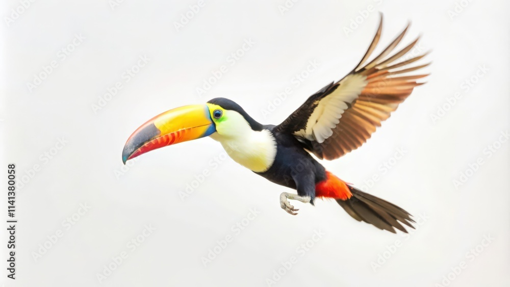 A Colorful Toucan in Flight with a White Background A Colorful Toucan in Flight with a White Background