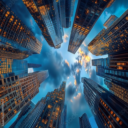Dramatic Aerial View of Skyscrapers Under a Cloudy Blue Sky
