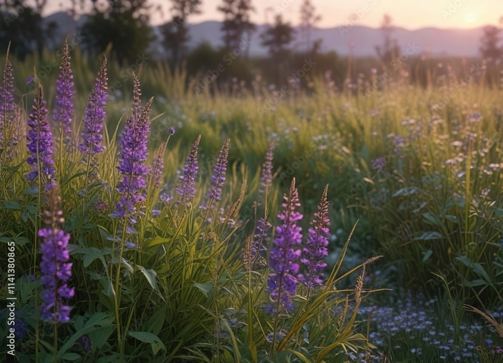 Obraz premium Dense purple wildflowers in tall grasses at dusk, evening atmosphere, blooming flowers, sunset meadow