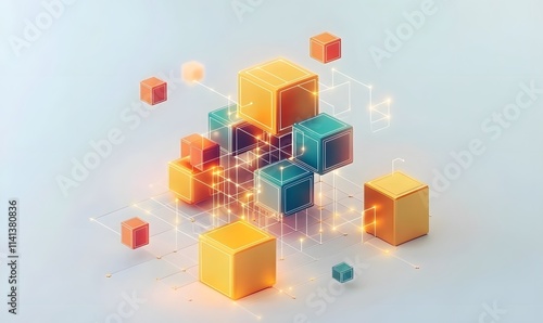 Connected cubes with glowing lines.