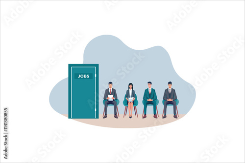 Illustration People Waiting Interview Sitting in Office Hall on Chairs. Worried Candidates Men and Women Searching Job. Vector illustration.