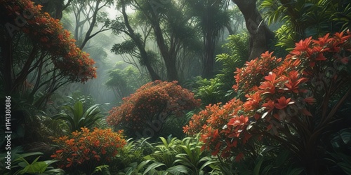 Dense thicket of Aukube Crotonifolia bushes in a tropical forest, woodlands, plant life, evergreen trees photo