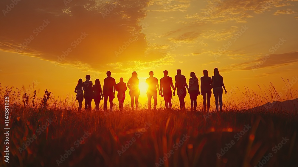 Here's a description and keywords for the image.. Silhouetted group of people holding hands at sunset.