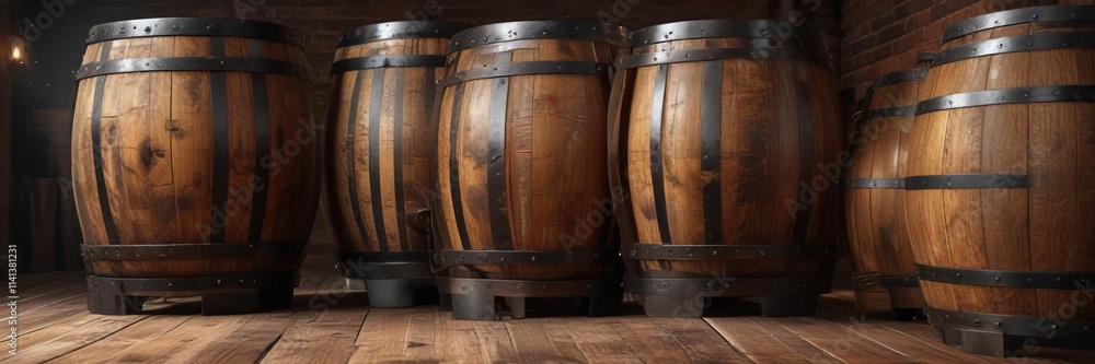 Distillery barrel with whiskey barrels and wooden planks, liquor, drink Distillery barrel with whiskey barrels and wooden planks, liquor, drink