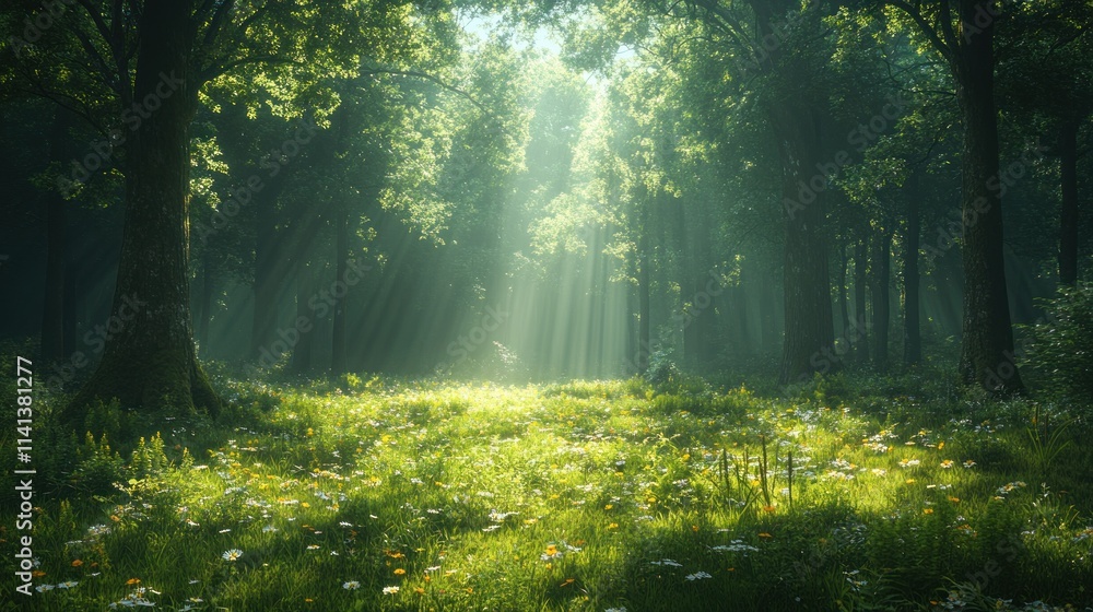 Fototapeta premium Sunlit forest clearing, wildflowers, green trees.